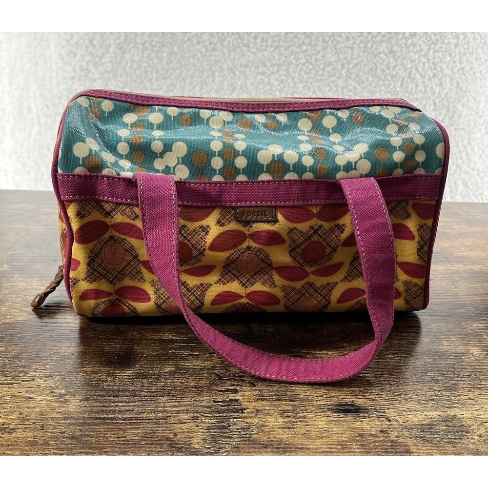 VTG Fossil Coated Canvas Bag Barrel Tote Zip Close Floral Boho Cosmetic Travel